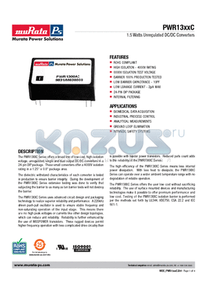 PWR1309AC datasheet - 1.5 Watts Unregulated DC/DC Converters