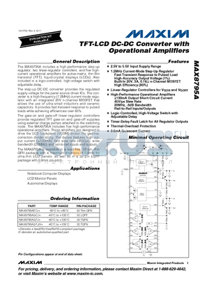 MAX8795AETJ datasheet - TFT-LCD DC-DC Converter with Operational Amplifiers 2.5V to 5.5V Input Supply Range