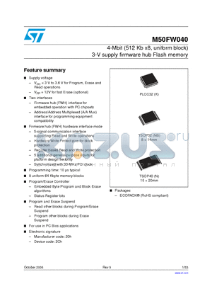 M50FW040NB5G datasheet - 4-Mbit (512 Kb x8, uniform block) 3-V supply firmware hub Flash memory