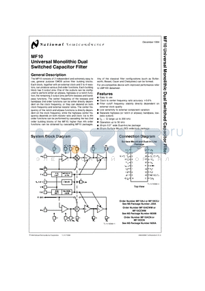 MF10CCN datasheet - Universal Monolithic Dual Switched Capacitor Filter