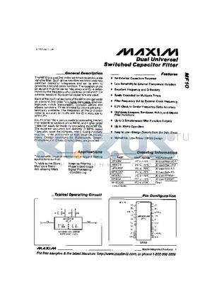 MF10CC/D datasheet - Kual Universal Switched Capacitor Filter