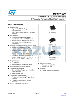 M50FW080NB5TP datasheet - 8 Mbit 1Mb x8, Uniform Block 3V Supply Firmware Hub Flash Memory