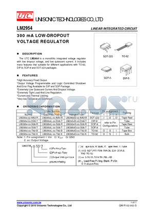 LM2954-XX-T92-K datasheet - 300 mA LOW-DROPOUT VOLTAGE REGULATOR