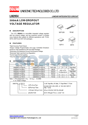 LM2954G-XX-S08-T datasheet - 300mA LOW-DROPOUT VOLTAGE REGULATOR