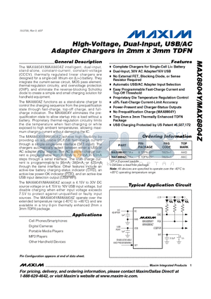 MAX8804Z datasheet - High-Voltage, Dual-Input, USB/AC Adapter Chargers in 2mm x 3mm TDFN