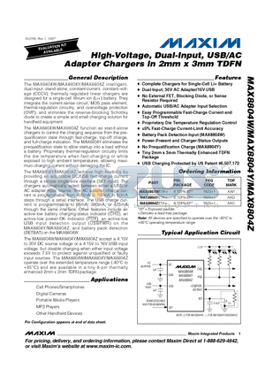 MAX8804Z datasheet - High-Voltage, Dual-Input, USB/AC Adapter Chargers in 2mm x 3mm TDFN
