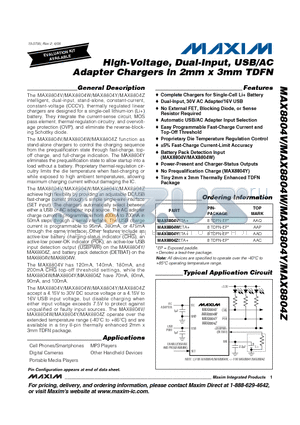 MAX8804WETA datasheet - High-Voltage, Dual-Input, USB/AC Adapter Chargers in 2mm x 3mm TDFN