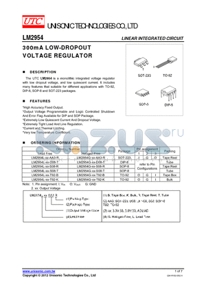 LM2954G-XX-T92-K datasheet - 300mA LOW-DROPOUT VOLTAGE REGULATOR