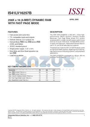 IS41LV16257B-60T datasheet - 256K x 16 (4-MBIT) DYNAMIC RAM WITH FAST PAGE MODE