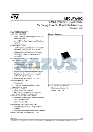 M50LPW002K1T datasheet - 2 Mbit 256Kb x8, Boot Block 3V Supply Low Pin Count Flash Memory