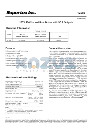 HV506X datasheet - 275V 40-Channel Row Driver with SCR Outputs