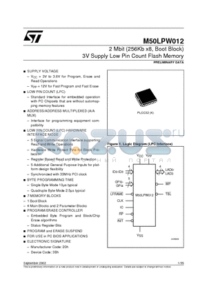 M50LPW012K datasheet - 2 Mbit 256Kb x8, Boot Block 3V Supply Low Pin Count Flash Memory