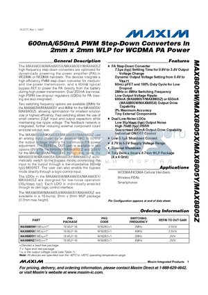 MAX8805X datasheet - 600mA/650mA PWM Step-Down Converters in 2mm x 2mm WLP for WCDMA PA Power
