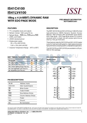 IS41LV4100-60J datasheet - 1Meg x 4 (4-MBIT) DYNAMIC RAM WITH EDO PAGE MODE