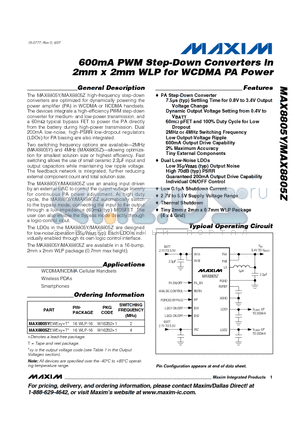 MAX8805Z datasheet - 600mA PWM Step-Down Converters in 2mm x 2mm WLP for WCDMA PA Power