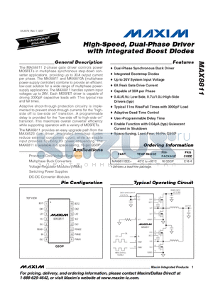 MAX8811EEE+ datasheet - High-Speed, Dual-Phase Driver with Integrated Boost Diodes