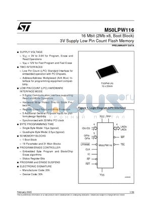 M50LPW116 datasheet - 16 Mbit 2Mb x8, Boot Block 3V Supply Low Pin Count Flash Memory