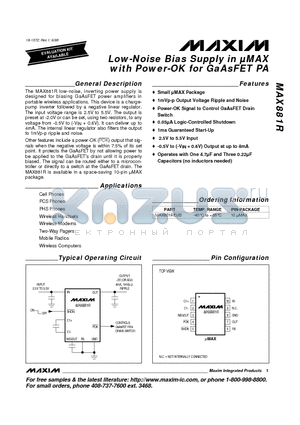 MAX881R datasheet - Low-Noise Bias Supply in lMAX with Power-OK for GaAsFET PA