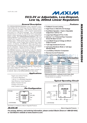 MAX882 datasheet - 5V/3.3V or Adjustable, Low-Dropout, Low IQ, 200mA Linear Regulators