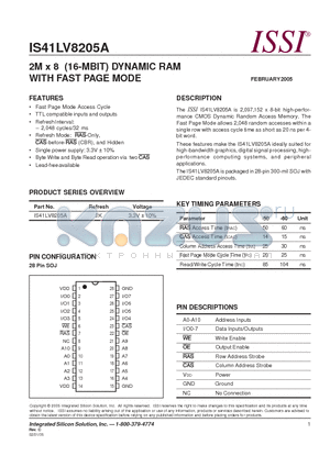 IS41LV8205A-50J datasheet - 2M x 8 (16-MBIT) DYNAMIC RAM WITH FAST PAGE MODE