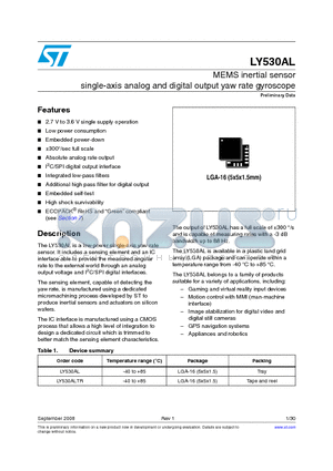 LY530AL datasheet - MEMS inertial sensor single-axis analog and digital output yaw rate gyroscope