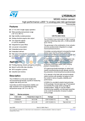 LY530ALH datasheet - MEMS motion sensor: high performance a300 `/s analog yaw-rate gyroscope