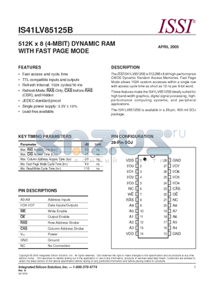 IS41LV85125B-60K datasheet - 512K x 8 (4-MBIT) DYNAMIC RAM WITH FAST PAGE MODE