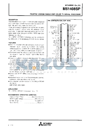 M51408SP datasheet - PAL/NTSC SYSTEM SINGLE-CHIP COLOR TV SIGNAL PROCESSOR