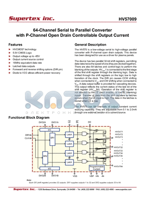 HV57009 datasheet - 64-Channel Serial to Parallel Converter with P-Channel Open Drain Controllable Output Current