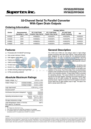HV5630PJ datasheet - 32-Channel Serial To Parallel Converter With Open Drain Outputs