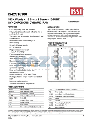 IS42S16100 datasheet - 512K Words x 16 Bits x 2 Banks (16-MBIT) SYNCHRONOUS DYNAMIC RAM