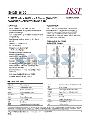 IS42S16100-7TI datasheet - 512K Words x 16 Bits x 2 Banks (16-MBIT) SYNCHRONOUS DYNAMIC RAM