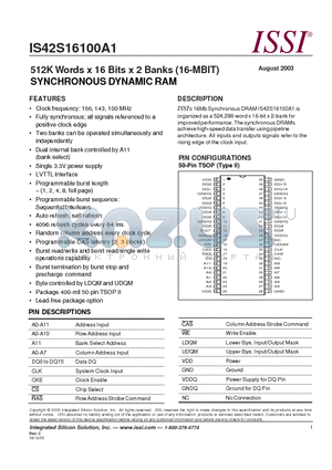 IS42S16100A1-10T datasheet - 512K Words x 16 Bits x 2 Banks (16-MBIT) SYNCHRONOUS DYNAMIC RAM