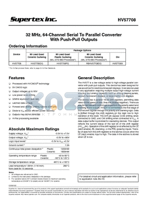HV57708 datasheet - 32 MHz, 64-Channel Serial To Parallel Converter With Push-Pull Outputs