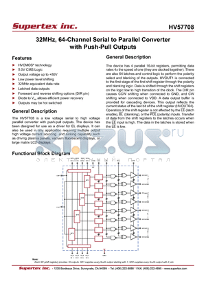 HV57708_07 datasheet - 32MHz, 64-Channel Serial to Parallel Converter with Push-Pull Outputs