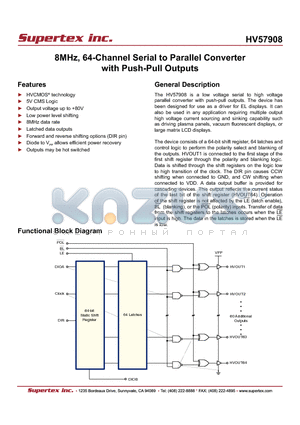 HV57908 datasheet - 8MHz, 64-Channel Serial to Parallel Converter with Push-Pull Outputs