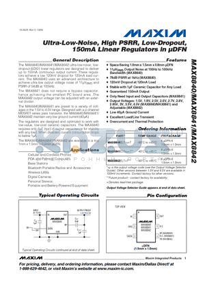 MAX8842 datasheet - Ultra-Low-Noise, High PSRR, Low-Dropout, 150mA Linear Regulators in lDFN