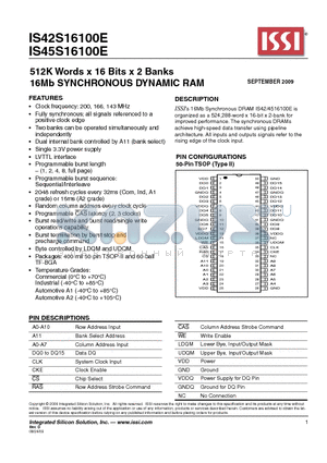 IS42S16100E-5TL datasheet - 512K Words x 16 Bits x 2 Banks 16Mb SYNCHRONOUS DYNAMIC RAM