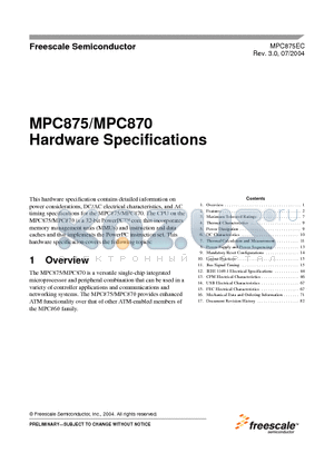 MPC875ZT133 datasheet - Hardware Specifications