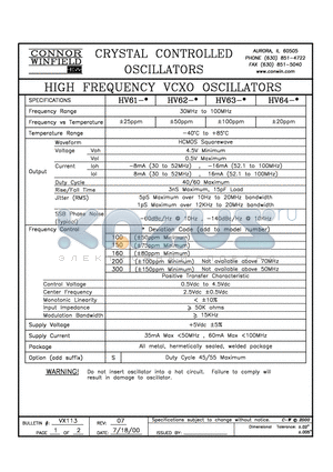 HV61-200 datasheet - HIGH FREQUENCY VCXO OSCILLATORS