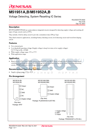 M51951AML/BML datasheet - Voltage Detecting, System Resetting IC Series