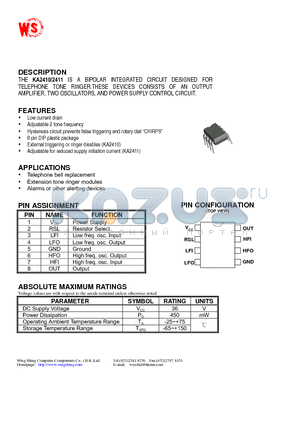 KA2411 datasheet - TELEPHONE TONE RINGERS