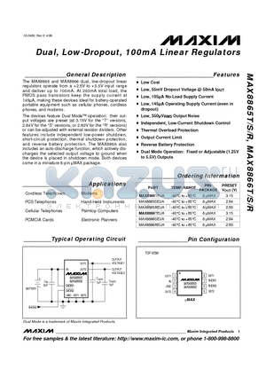 MAX8865TEUA datasheet - Dual, Low-Dropout, 100mA Linear Regulators