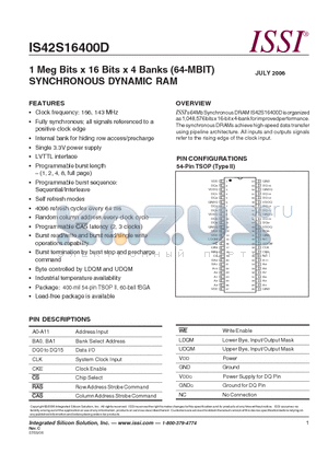 IS42S16400D-7T datasheet - 1 Meg Bits x 16 Bits x 4 Banks (64-MBIT) SYNCHRONOUS DYNAMIC RAM