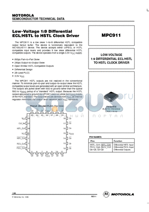 MPC911 datasheet - LOW-VOLTAGE 1:9 DIFFERENTIAL ECL/HSTL TO HSTL CLOCK DRIVER