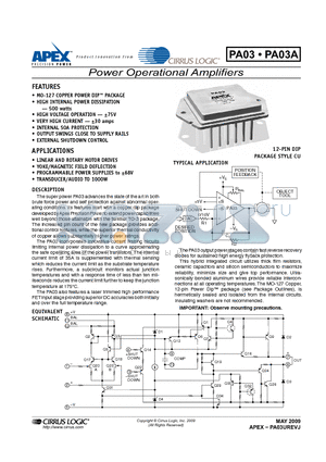 PA03A datasheet - Power Operational Amplifiers