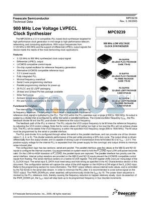 MPC9239FN datasheet - 900 MHz Low Voltage LVPECL Clock Synthesizer