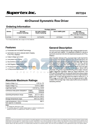 HV7224 datasheet - 40-Channel Symmetric Row Driver