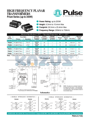 PA0442 datasheet - HIGH FREQUENCY PLANAR TRANSFORMERS Prism Series (up to 250W)