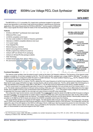 MPC9230 datasheet - 800MHz Low Voltage PECL Clock Synthesizer